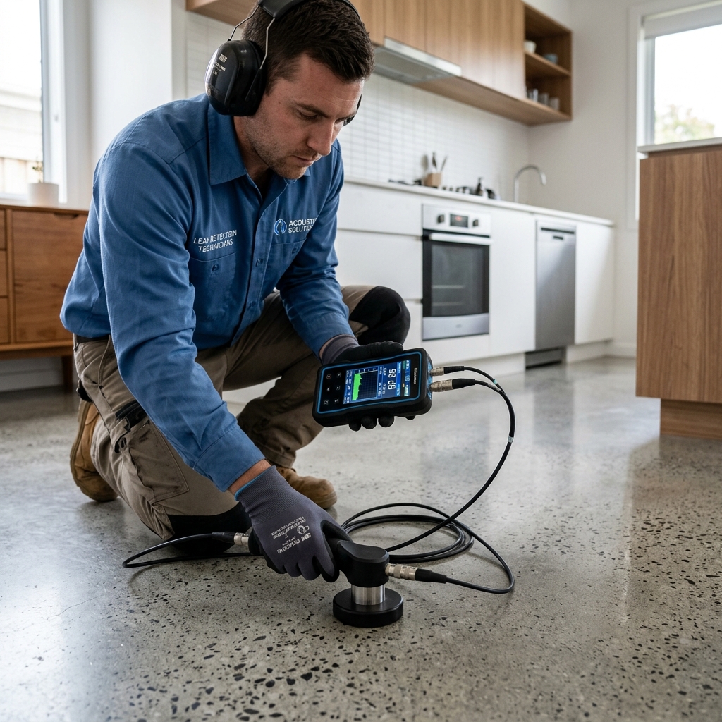 Technician using acoustic listening equipment on a tile floor