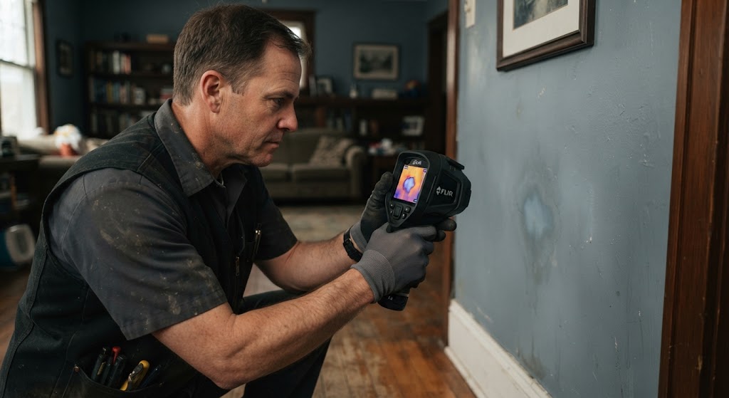 Thermal scan showing a hot water leak beneath a concrete slab